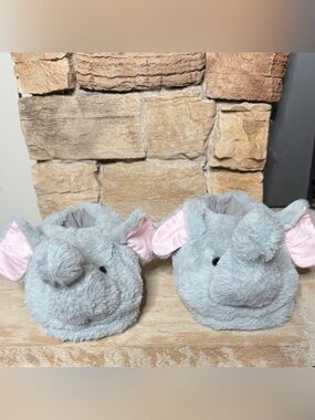 Plush Fluffy Elephant Novelty Slippers - Soft Gray with Pink Ears Non Slip